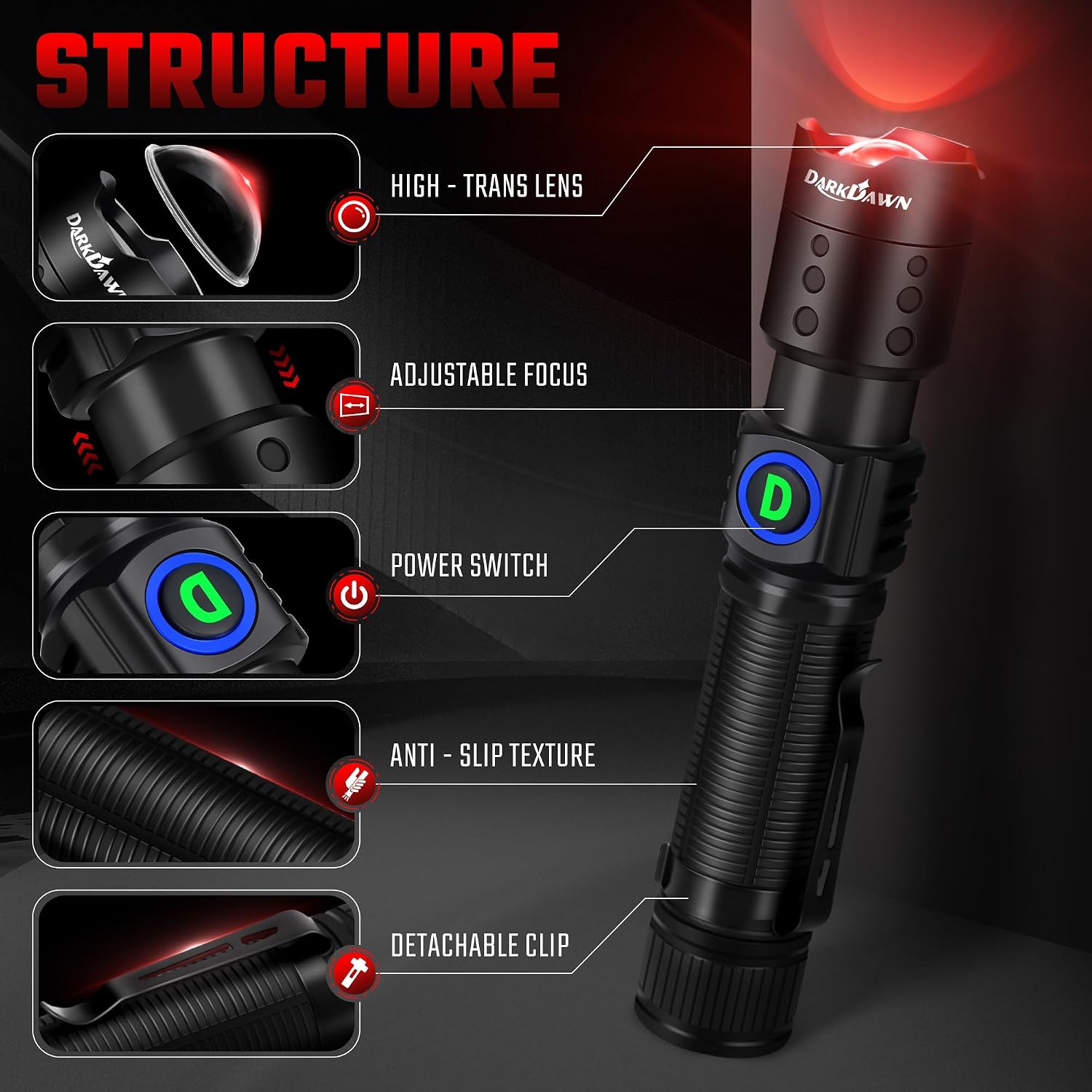 Thumbnail 3 de DARKDAWN Red Light Flashlight Aluminum Alloy