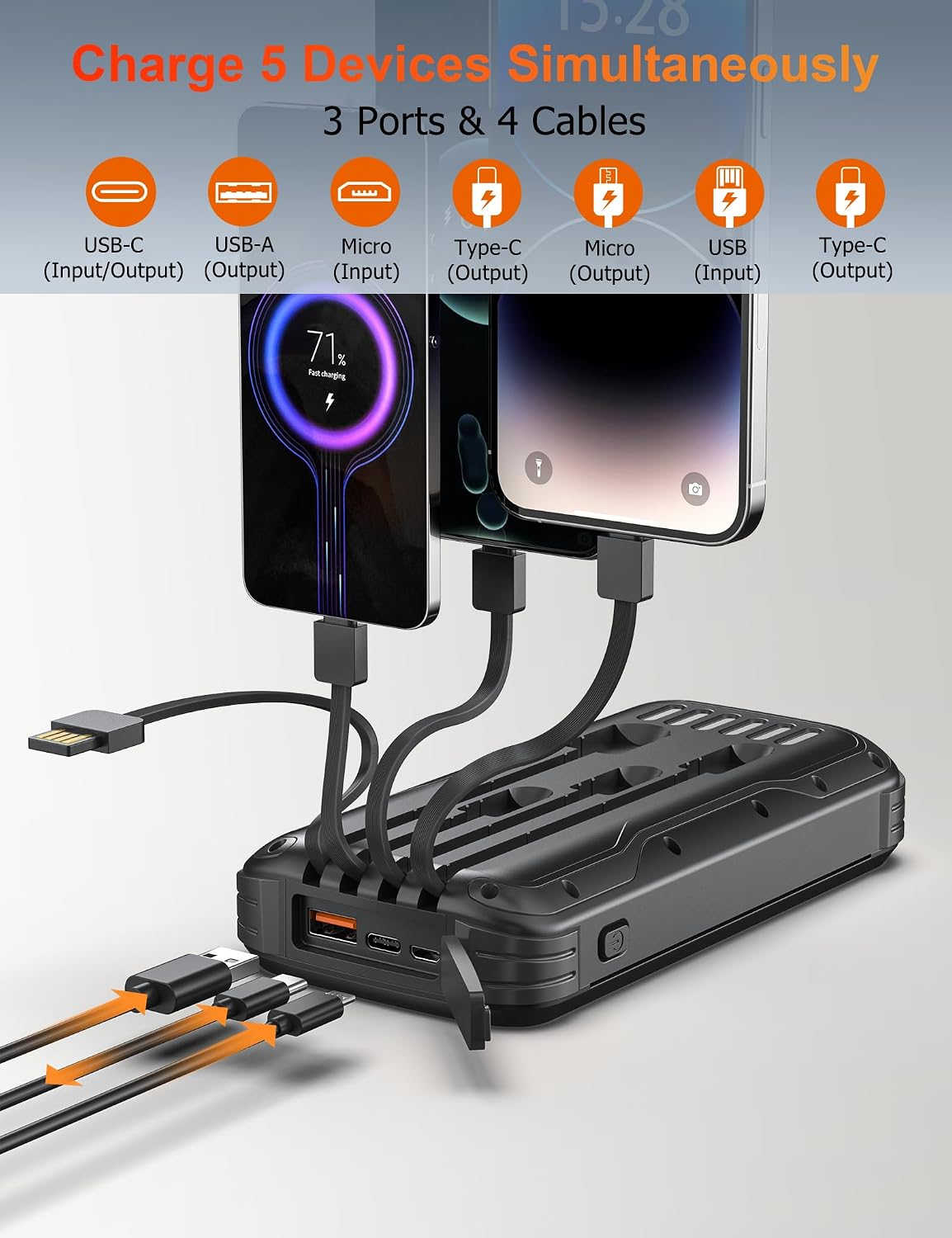 Detalle de MINRISE 40,000mAh Solar Power Bank, 20W PD, Built-In Cables