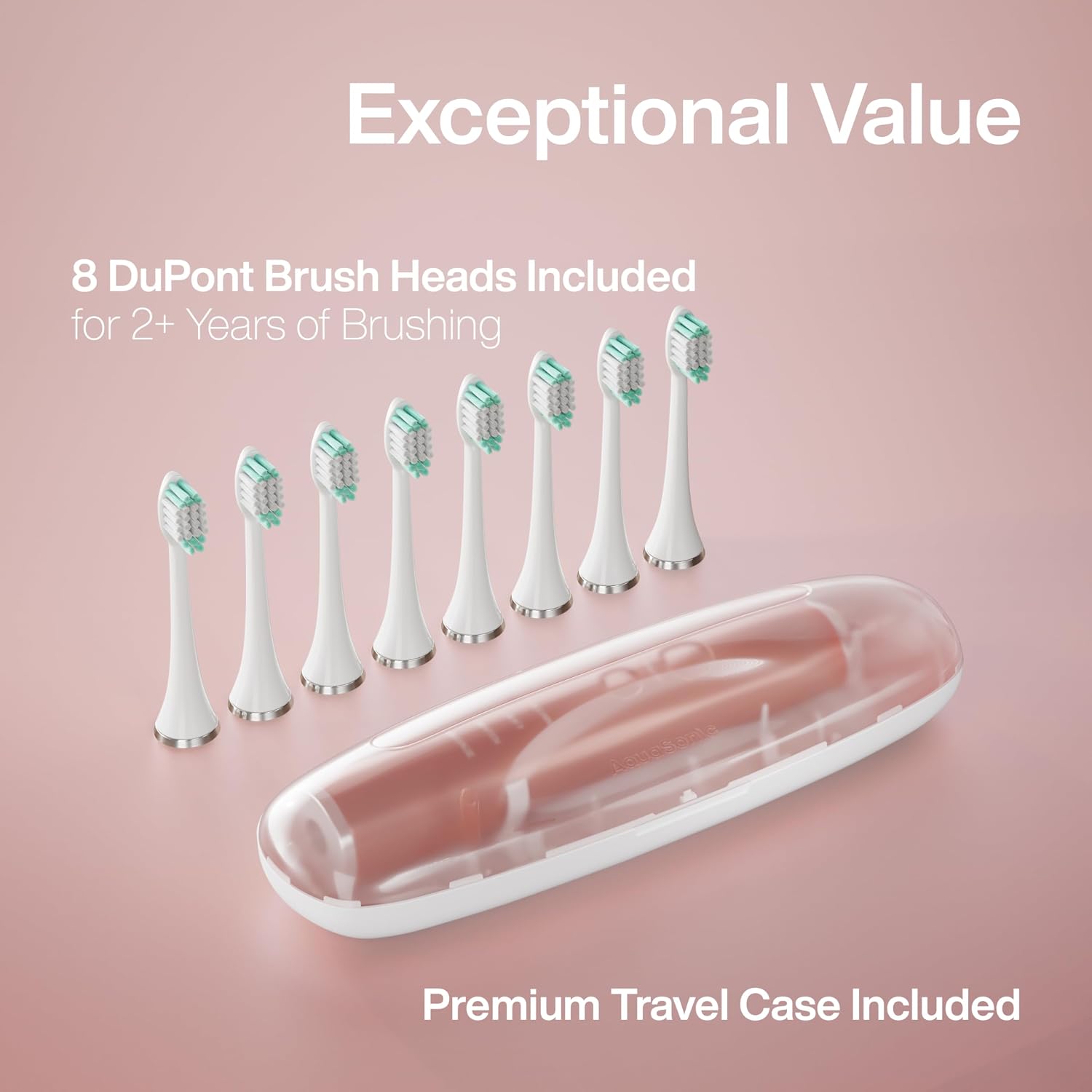 Detalle de Aquasonic Vibe Series Ultra Whitening Electric Toothbrush (ADA Accepted) with 8 Brush Heads & Travel Case, Smart Timer & Wireless Charging – Satin Rose Gold
