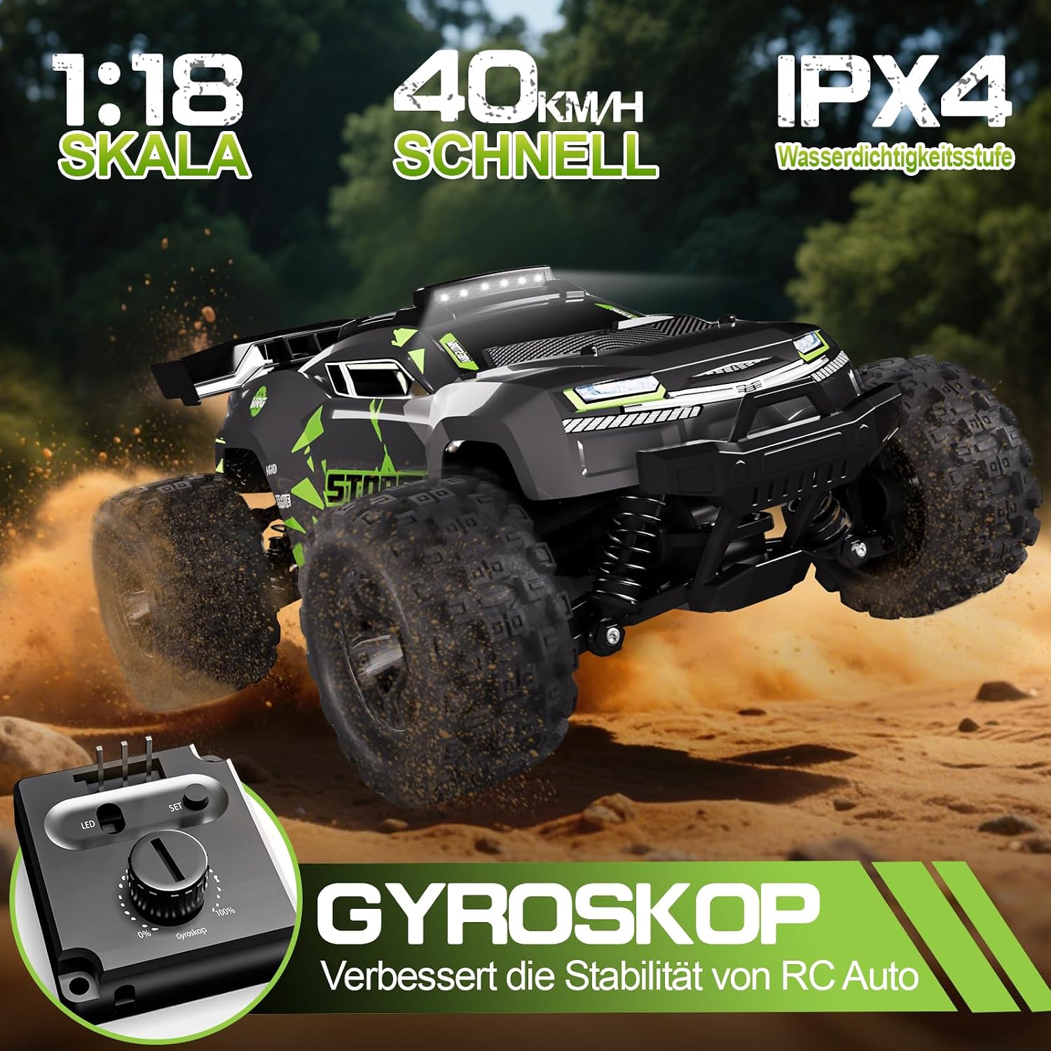 Detalle 2 de 40KM/H ferngesteuerter RC Monstertruck (1/18) ab 8–10 Jahren mit Licht, 2,4 GHz und 2 Akku-Sets