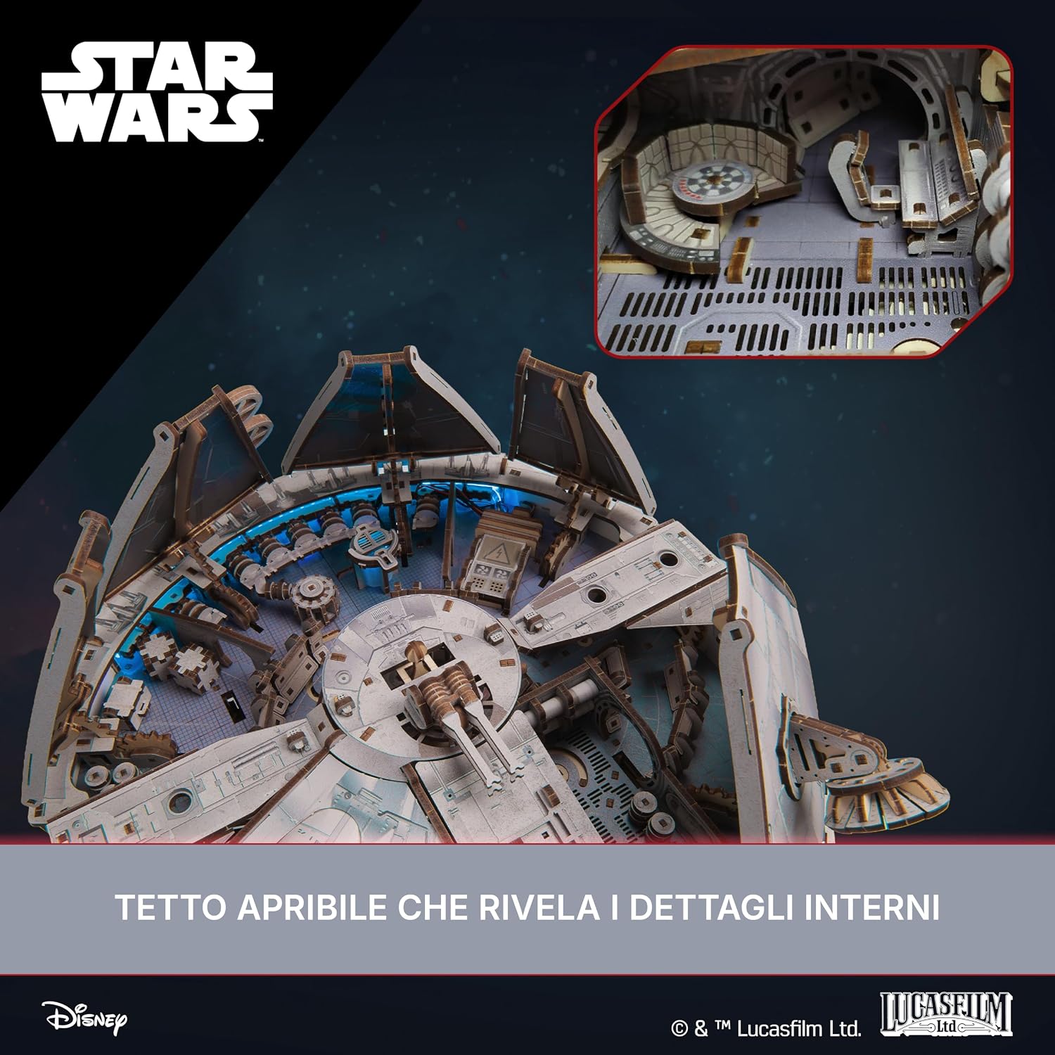 Detalle de UGEARS Millennium Falcon Puzzle 3D in Legno – Modellino da Costruire per Adulti con LED (1235 pezzi)