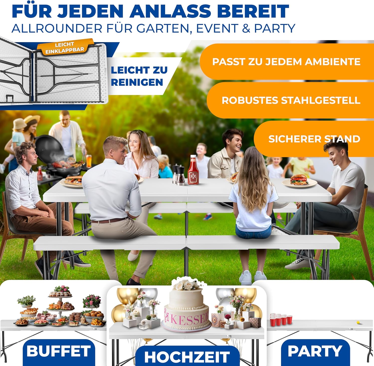 Detalle de KESSER® Buffettisch klappbar aus Kunststoff (183 x 76 cm) – Campingtisch & Partytisch für bis zu 6 Personen, inkl. Cover & Tragegriff