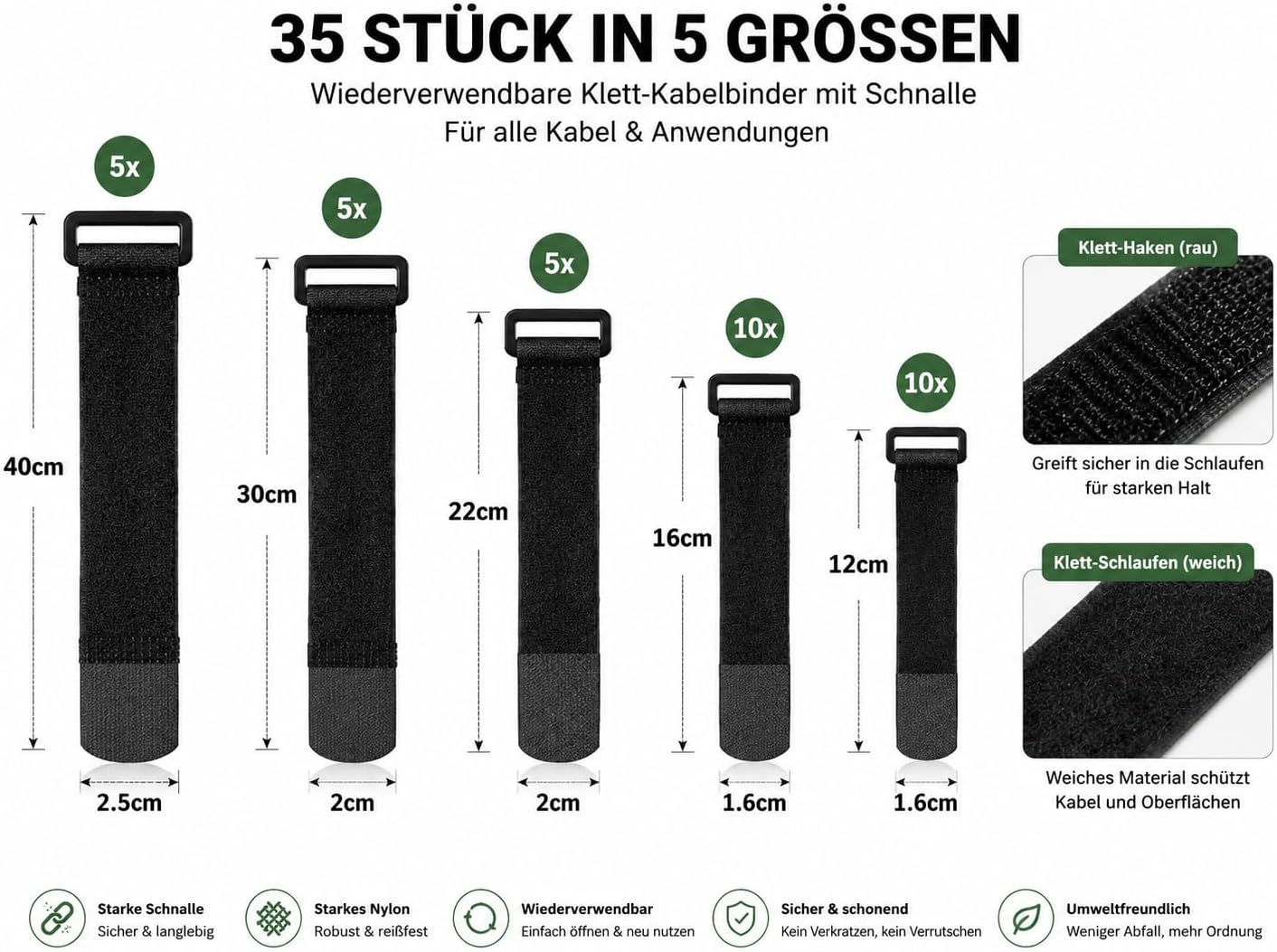 Thumbnail 1 de Hazarox 35 Stück Klett-Kabelbinder mit Schnallen – Wiederverwendbar, flexibel und vielseitig einsetzbar