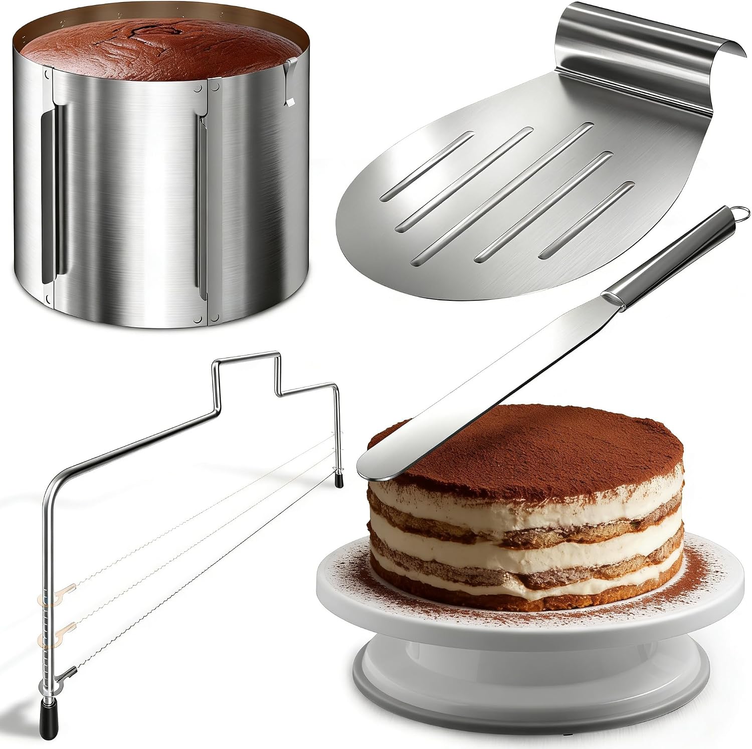 Detalle de 4smile Torten-Zubehör-Set 5 Teile – verstellbarer Tortenring 16–30 cm, Tortenschneider, Tortenheber, drehbare Tortenplatte & Streichpalette