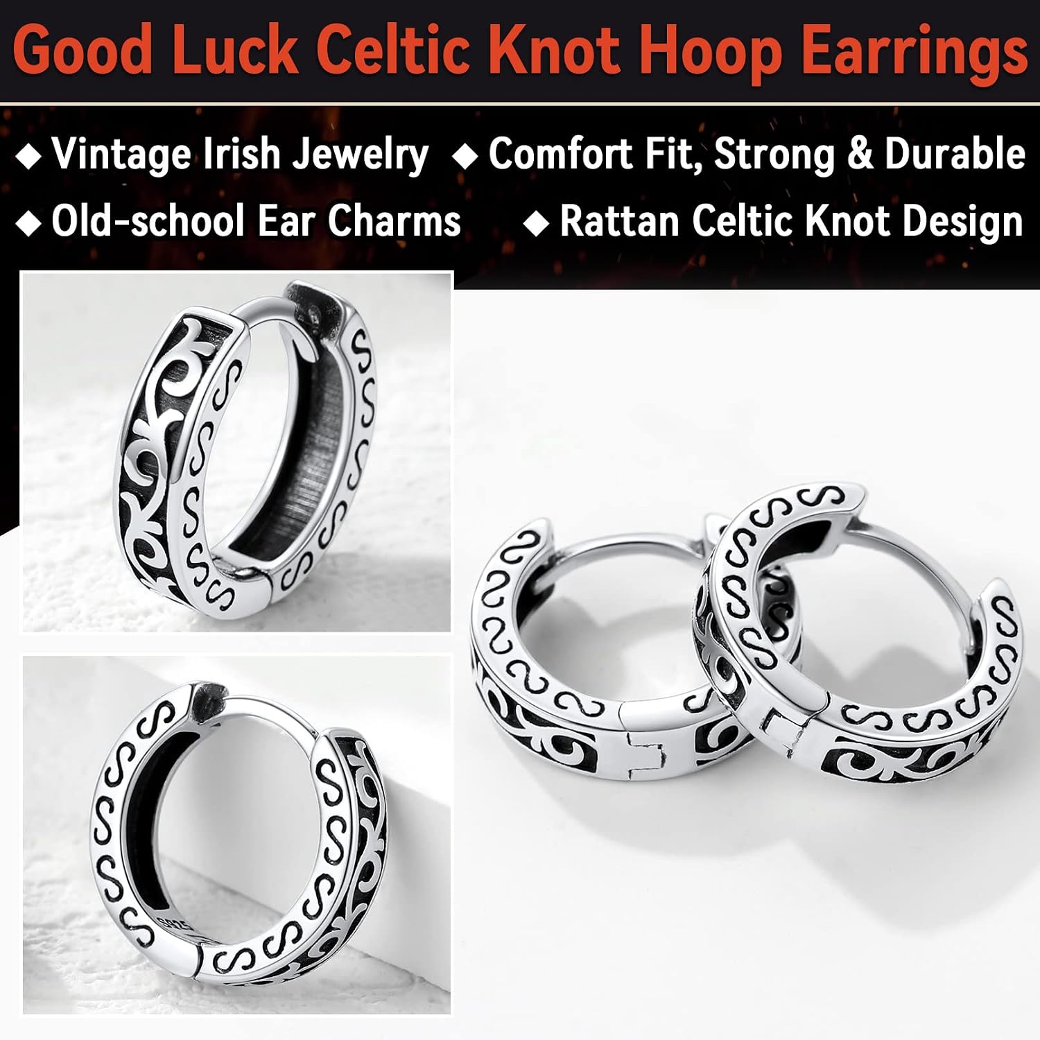 Detalle de FaithHeart Sterling Silver Celtic Knot Hinged Hoop Earrings (Unisex) with Gift Box