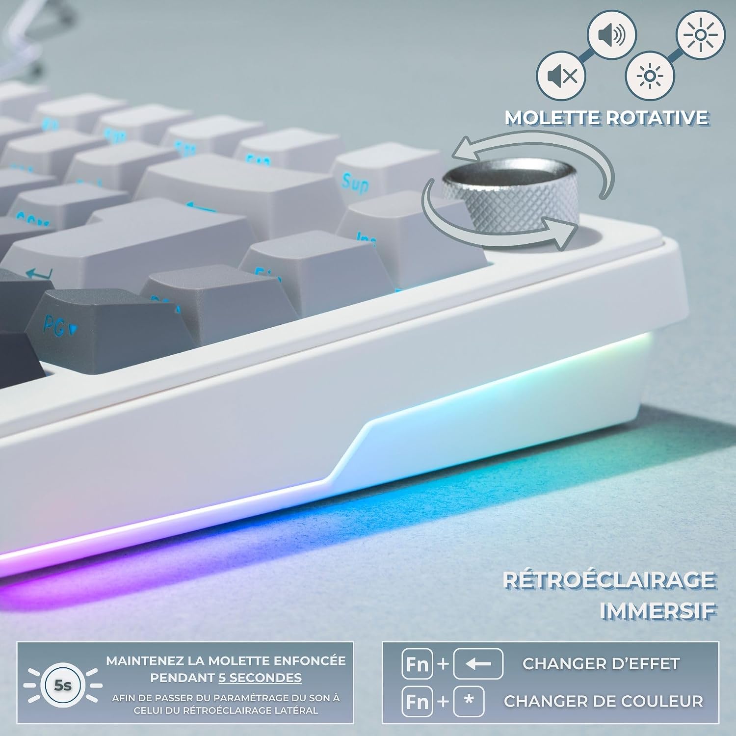 Detalle de THE G-LAB KEYZELITE300GRW – klawiatura mechaniczna AZERTY, tri-mode, hot-swap