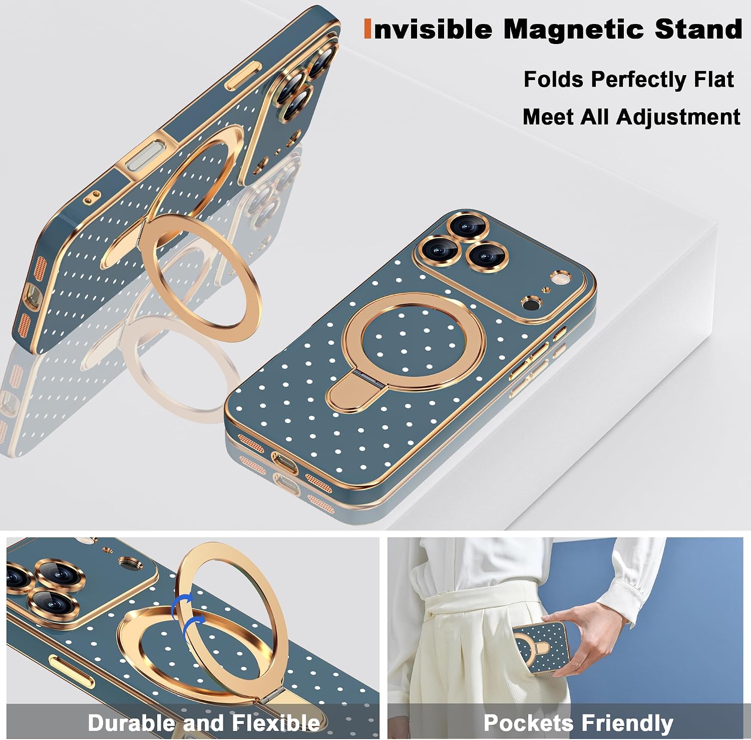 Thumbnail 5 de ETPESOK Polka Dot iPhone 17 Pro Max Case, Magnetic Ring Stand, Blue-White