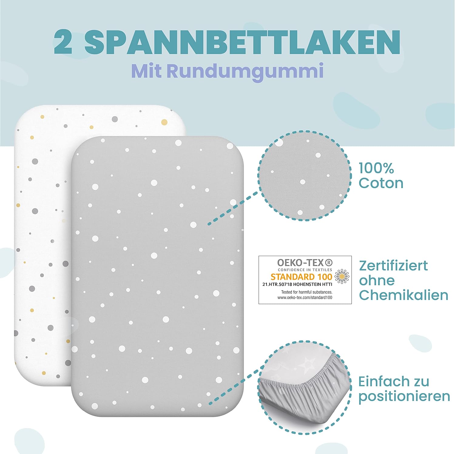 Thumbnail 4 de Sweety Fox Spannbettlaken-Set 2x Baumwolle + 1x wasserdichter Matratzenschoner (50x83 cm), grau