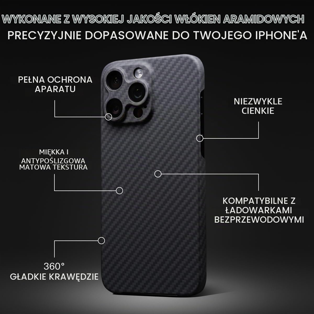 Detalle de Latercase etui do iPhone’a 15 Pro Max z włókna aramidowego, 0,6 mm