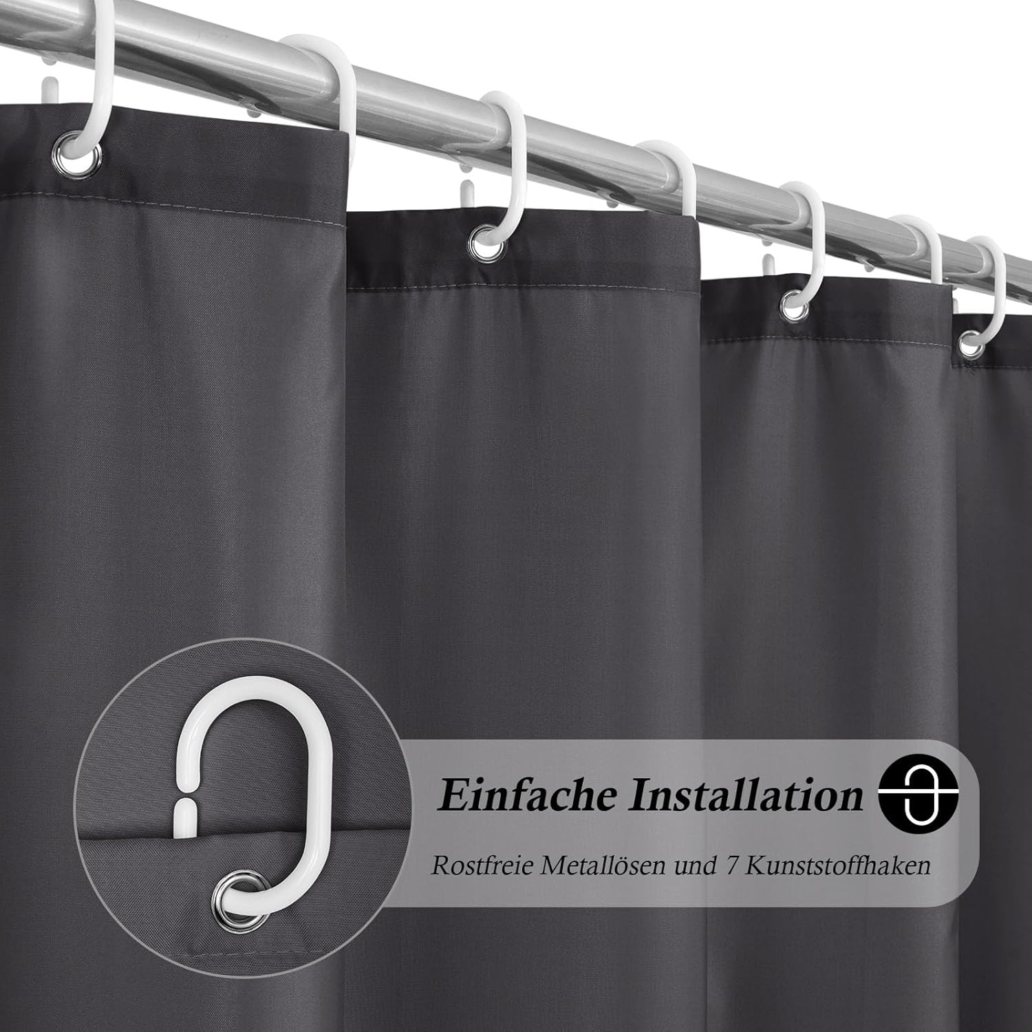 Detalle de EurCross Klein Duschvorhang 100×180 cm aus Polyester, dunkelgrau, wasserdicht mit 7 Ösen