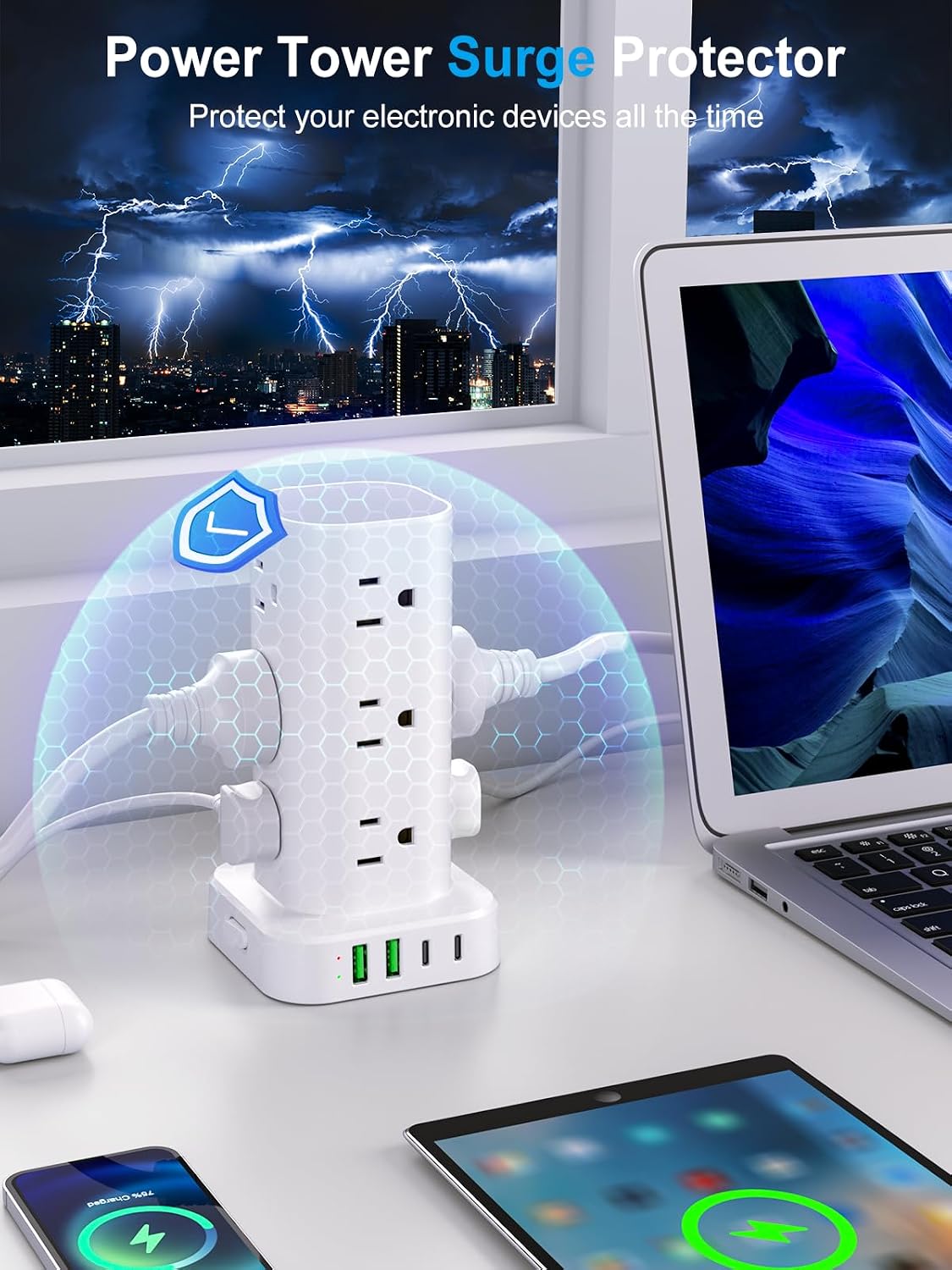 Detalle de Power Strip Tower with Wireless Charger: 17-in-1 Desk Organizer and Charging Hub