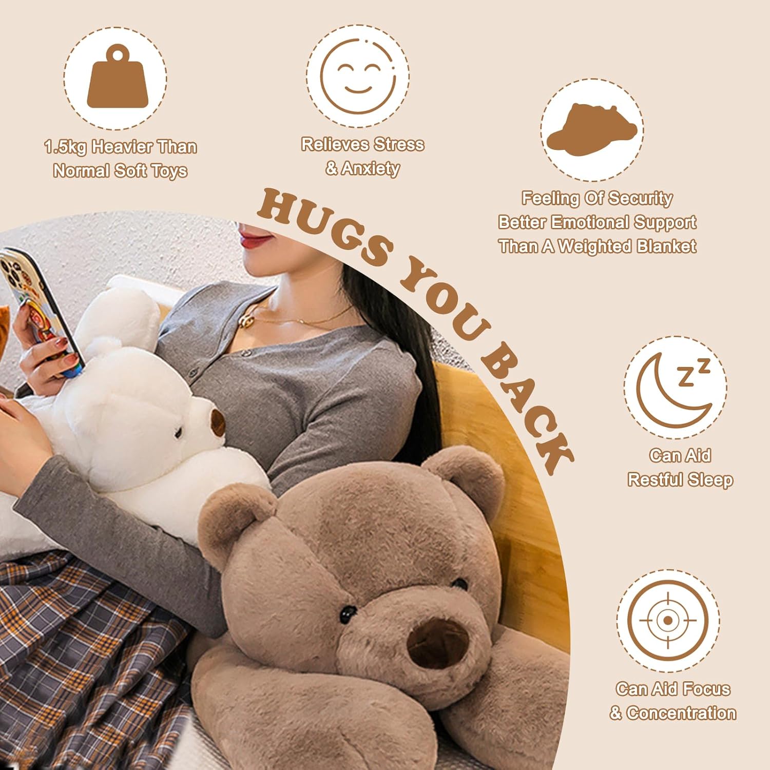 Thumbnail 3 de MeHoo 3.3LB Weighted Bear Plush (23.6 inch) – Weighted comfort hug plush for anxiety and bedtime