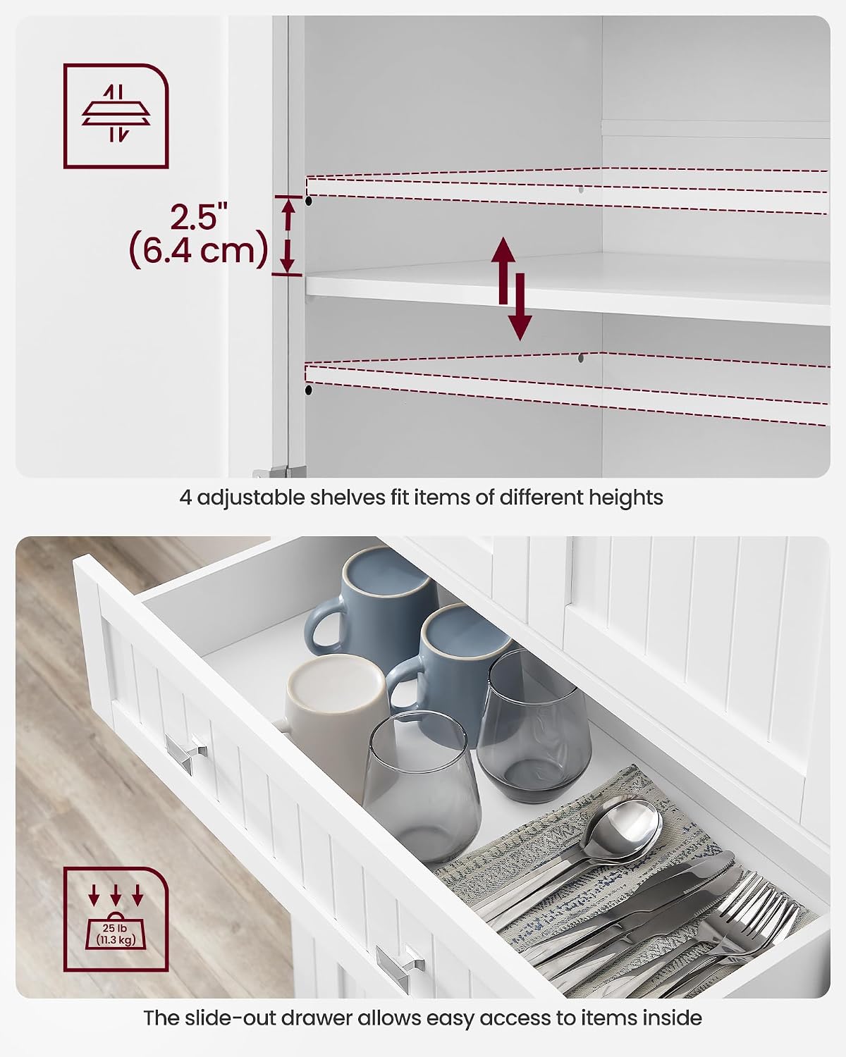 Detalle de VASAGLE BBC561W21 Tall Pantry Cupboard, White, Drawer and Adjustable Shelves