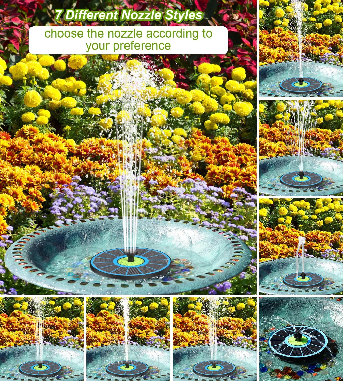 Thumbnail 3 de SZMP Solar Fountain with Flower (3.5W Glass Panel) – 7-nozzle, anti-drift Bird Bath Fountain