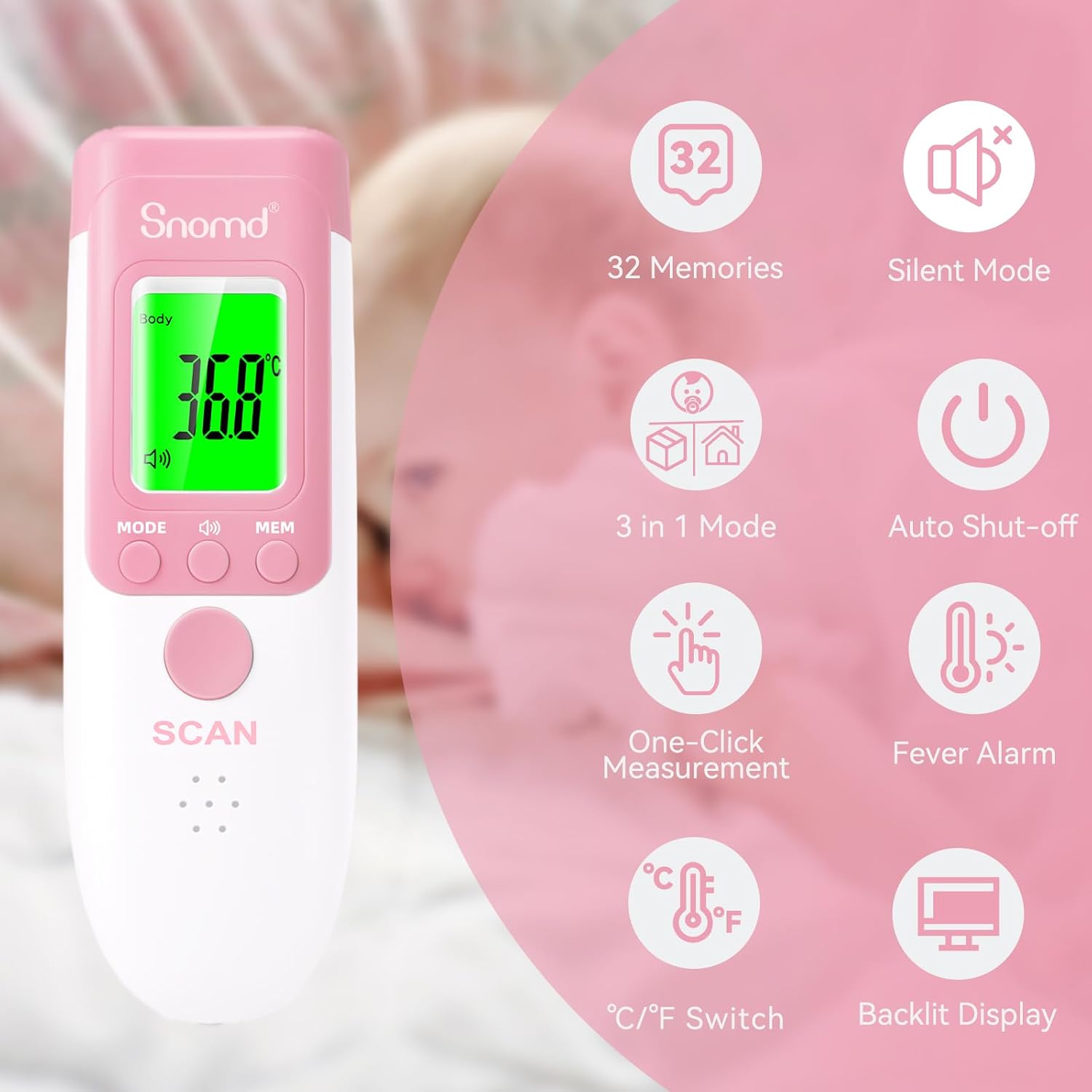 Thumbnail 6 de Snomd JXB-183 Non-Contact Infrared Thermometer, 3 Modes and Mute