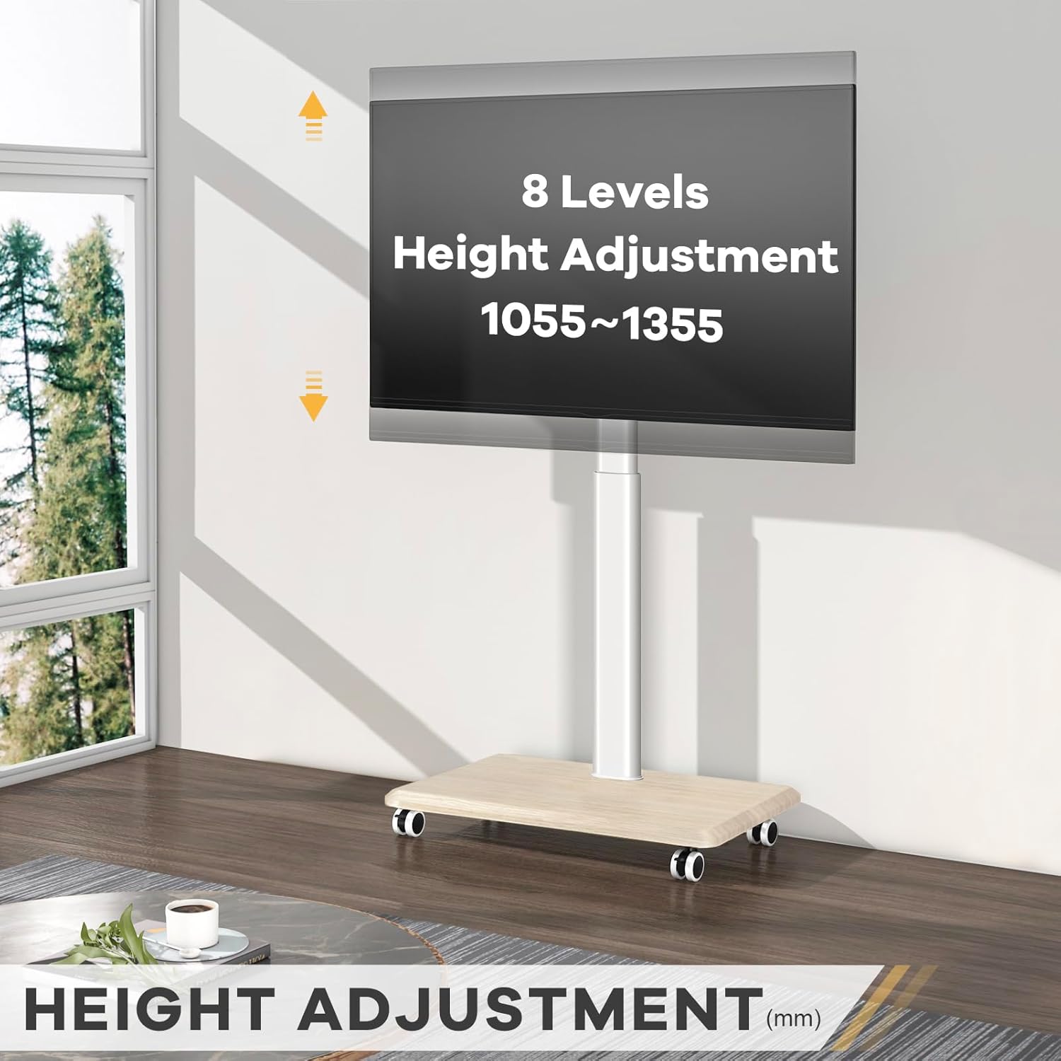 Thumbnail 3 de TVON Support TV sur pied à roulettes universel blanc et bois pour téléviseurs 32 à 65 pouces (VESA jusqu’à 400×400 mm)