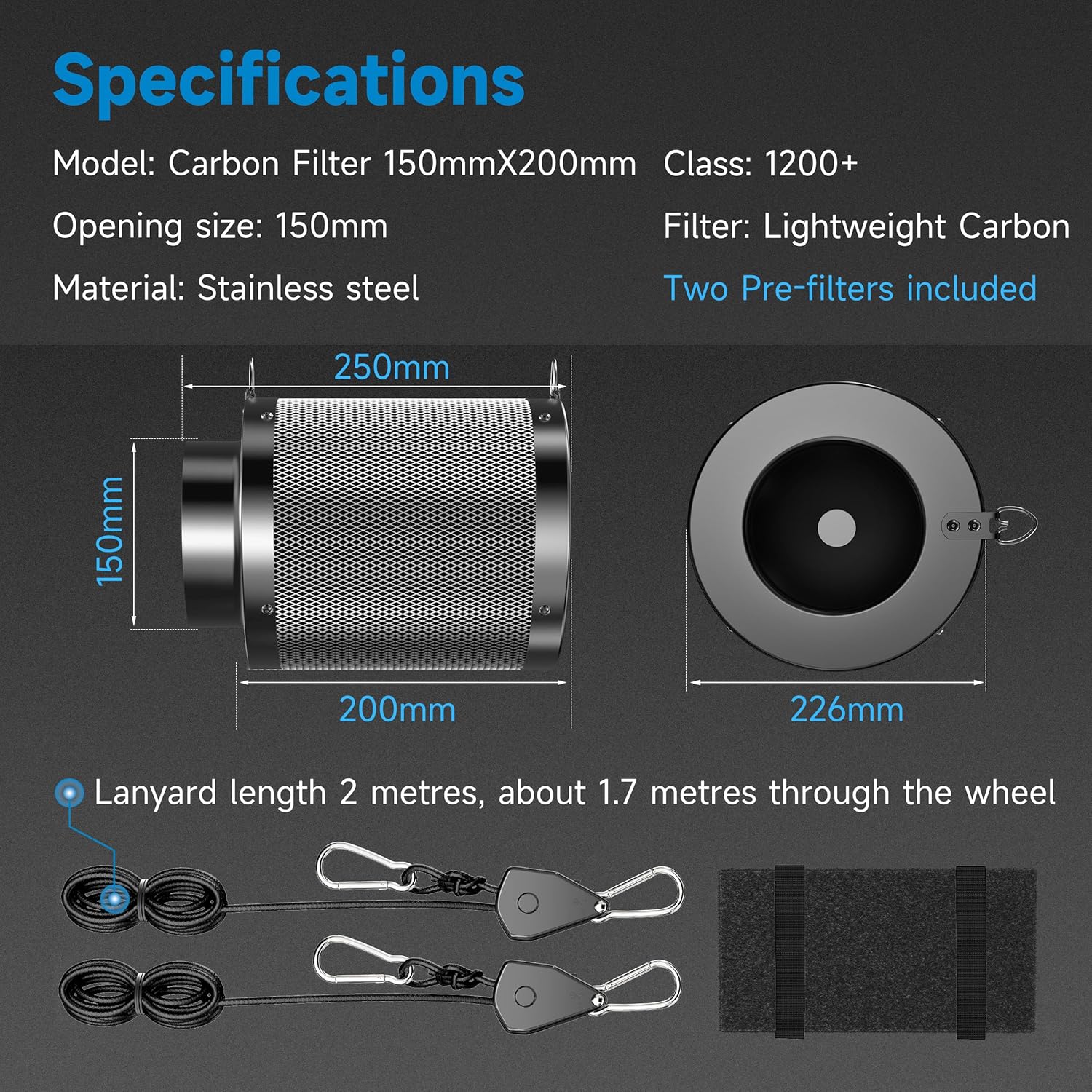 Detalle de Hon&Guan 6 Inch Activated Carbon Filter with Australian Virgin Charcoal – Ø150mm × 200mm