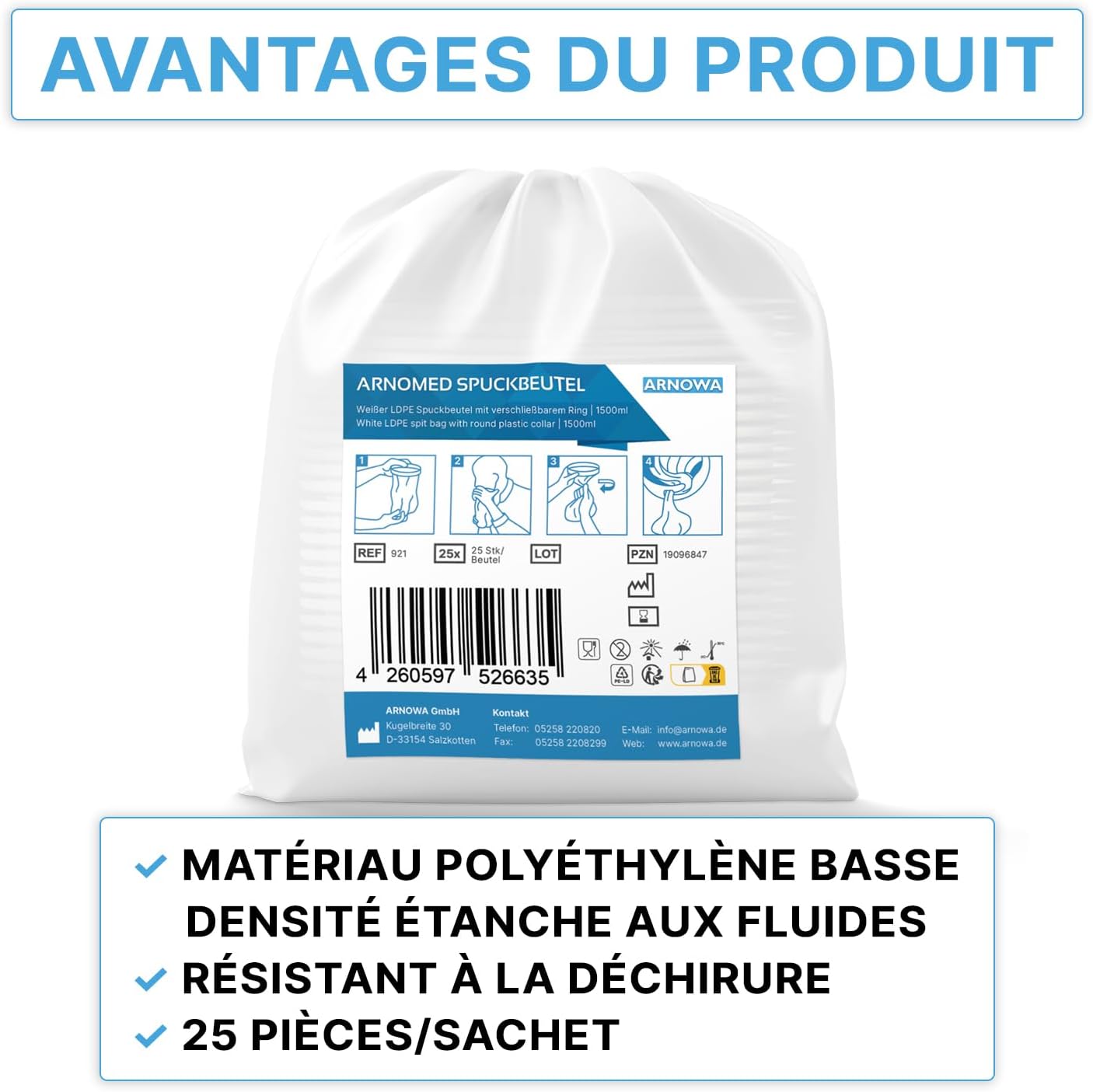 Detalle de Lot de 25 sacs à vomir ARNOMED 2000 ml avec anneau (LDPE étanches)