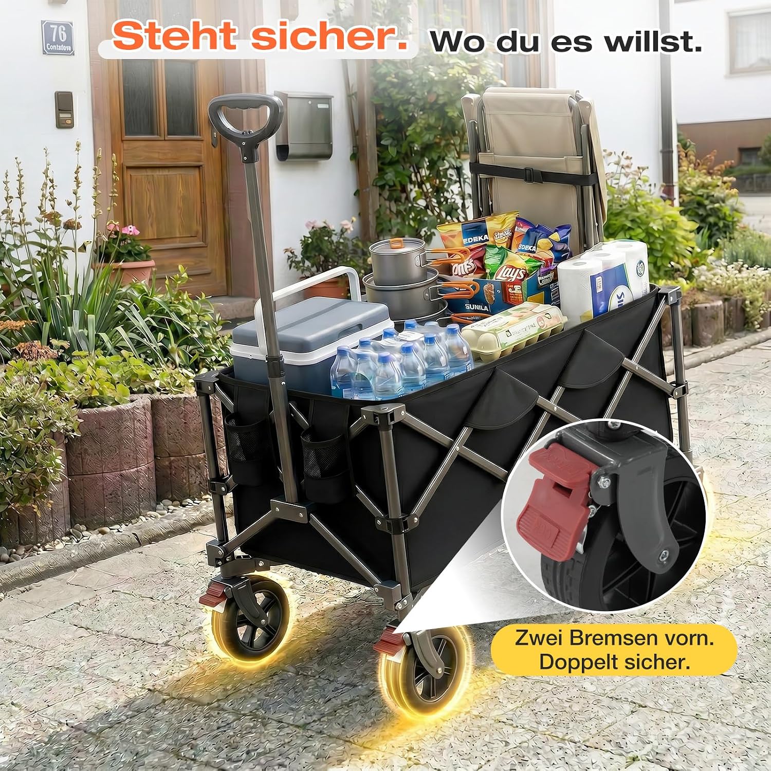 Thumbnail 4 de SUNULA Bollerwagen Faltbar Tragkraft 120KG – Klappbarer Handwagen mit EIN-klick-Handgriff, 4-seitig faltbar, Geländegängige Räder mit Bremsen, 150L, Schwarz