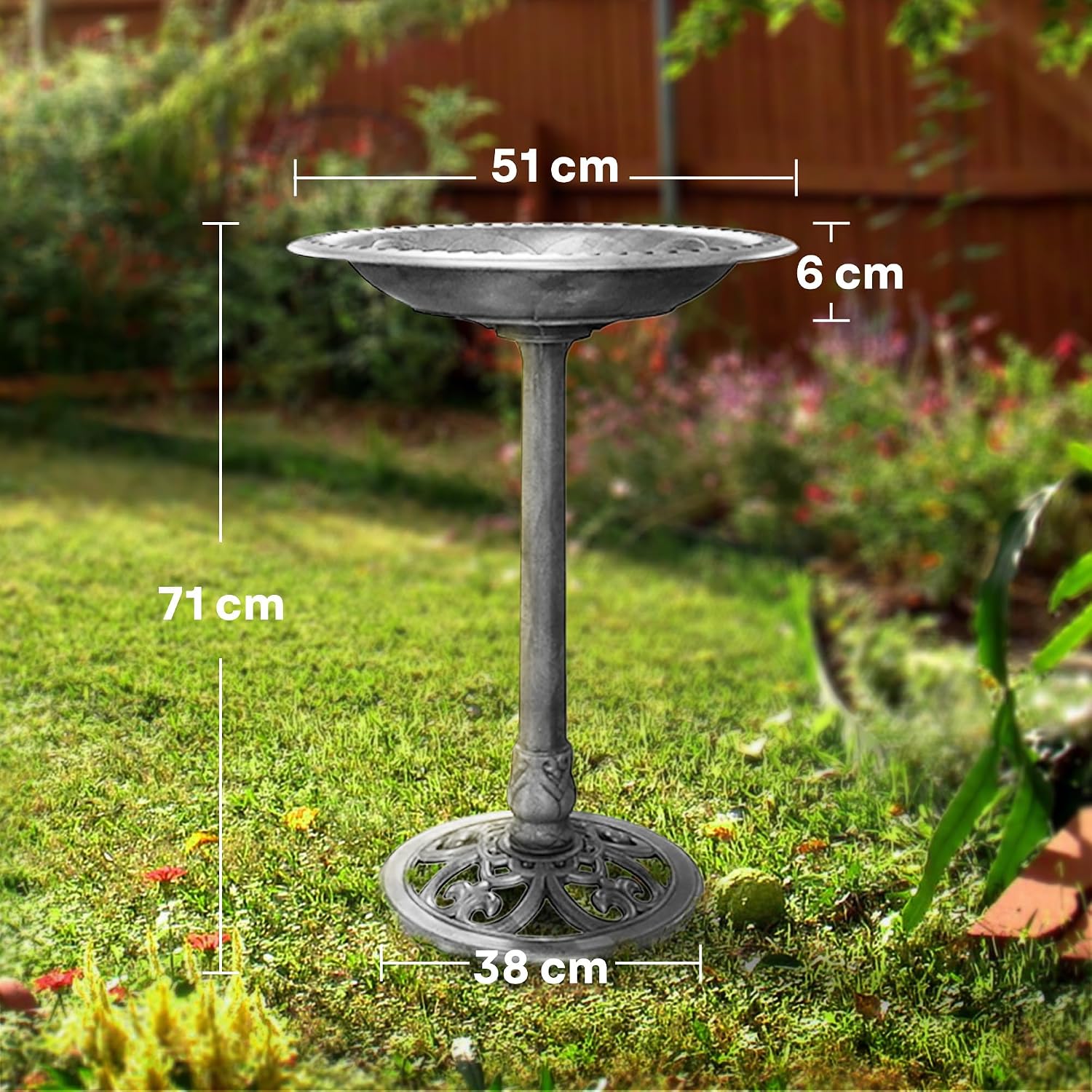 Detalle 2 de VIVOHOME garden birdbath with standing pedestal (71x50x50cm) – grey polyresin style with ground stakes