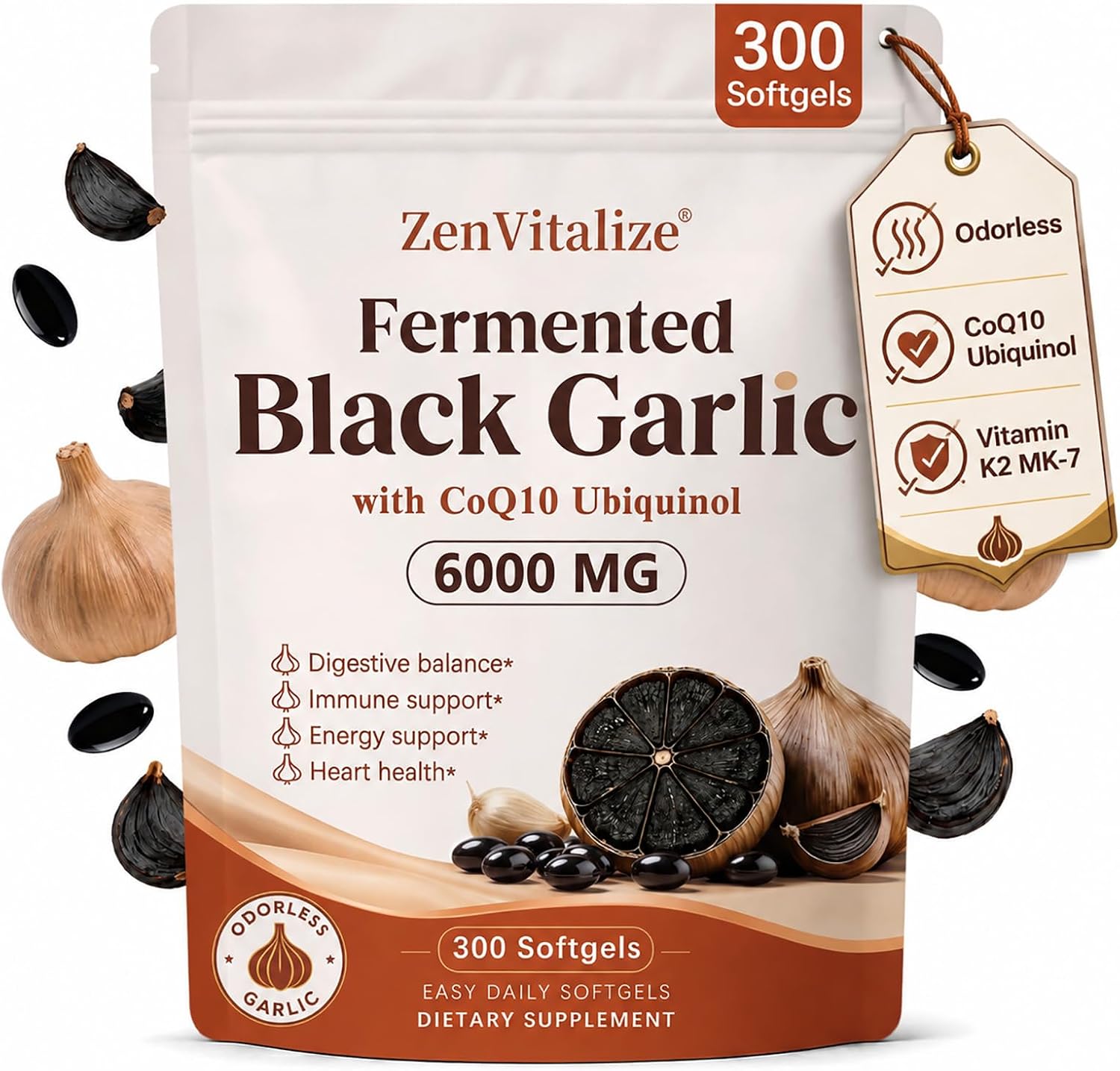 Detalle 2 de ZenVitalize JKM-007 Aged Fermented Black Garlic Softgels, CoQ10, Ubiquinol & K2 MK-7, 300 Count