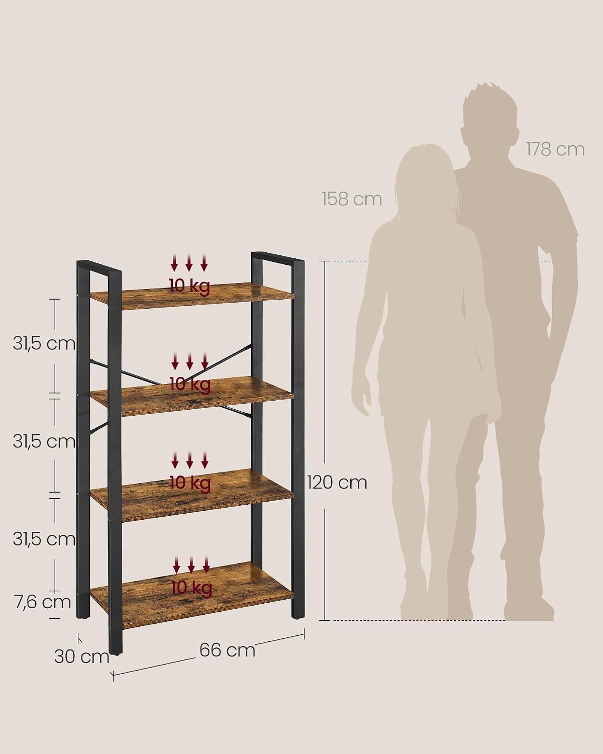 Detalle de VASAGLE BARNET LLS60BX 4-Tier Bookshelf, 66 x 30 x 120 cm