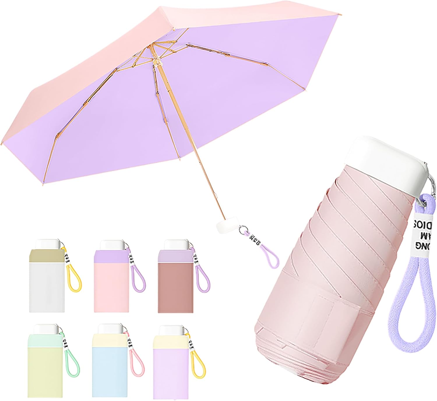 Thumbnail 6 de Macaron Style Mini Folding Travel Umbrella with Braided Lanyard Keychain and Flat Handle