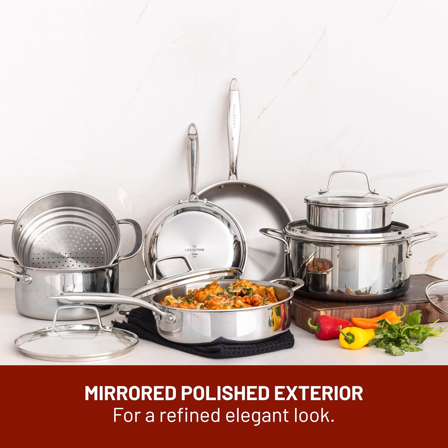Detalle de Lagostina Forte 2100103838 12-Piece Tri-Ply Stainless Steel Cookware Set