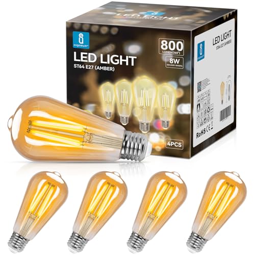 Aigostar ST64: Bombilla Edison LED 8W E27 – Pack 4 (Blanco cálido 2200K)