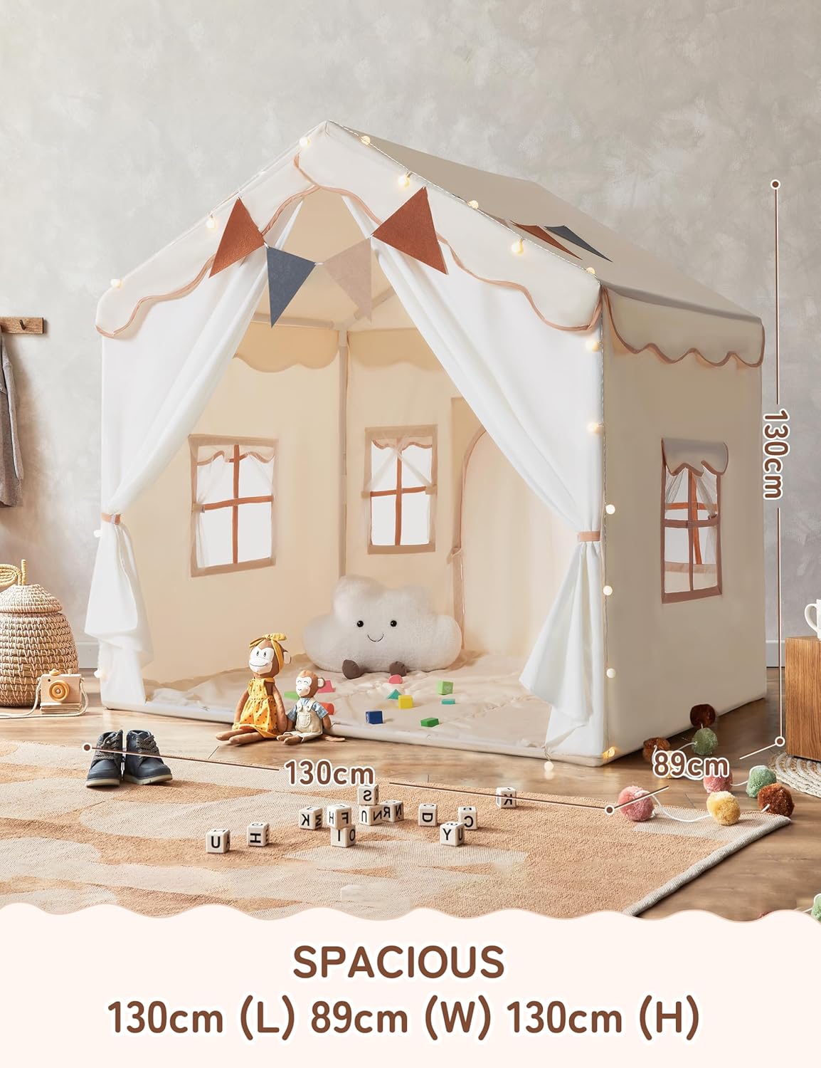 Detalle 2 de besrey 2-in-1 Kids Play House Tent with Lights and Pad – Indoor/Outdoor Castle for 3–4, Beige