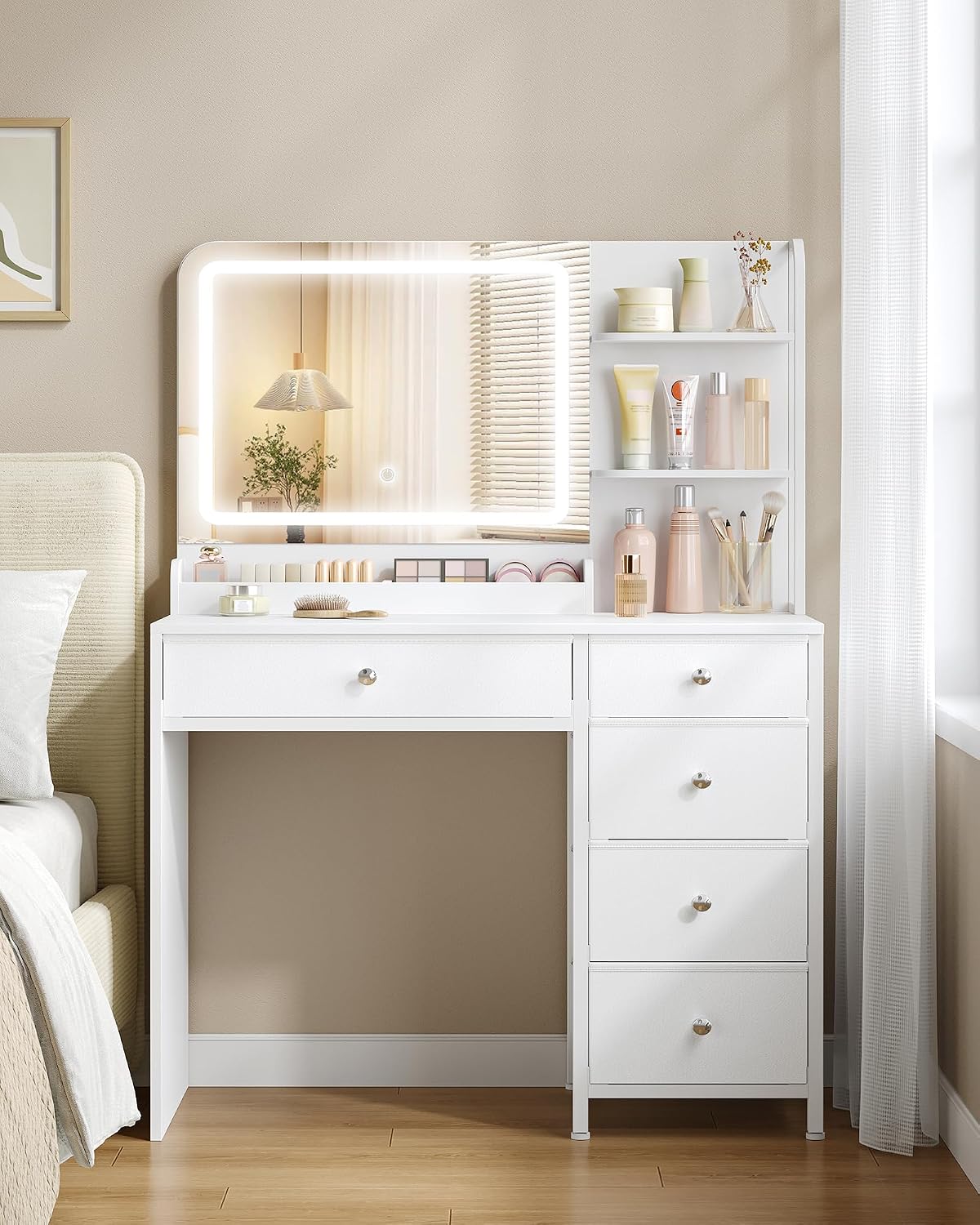 Thumbnail 6 de Hzuaneri Coiffeuse avec éclairage LED et grand miroir HD — 5 tiroirs et 2 étagères