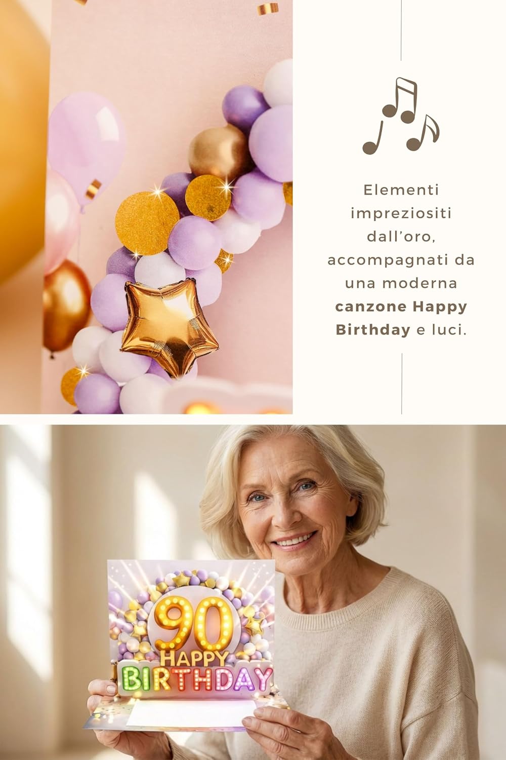 Thumbnail 6 de Joli Coon Biglietto auguri 90 anni donna – musica, luce e 3D con busta inclusa