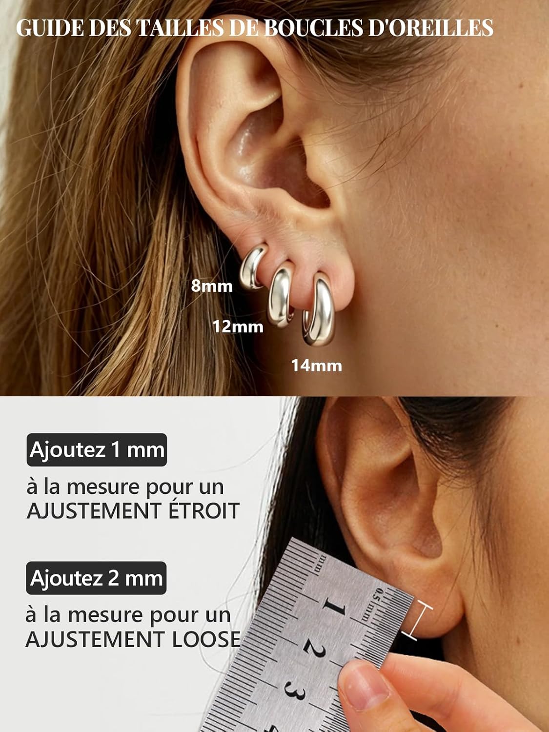 Detalle de Silvora Petit Créoles Argent/Plaqué Or/Noir – Anneau d’Oreille 8–14 mm en Argent 925 et Cuivre