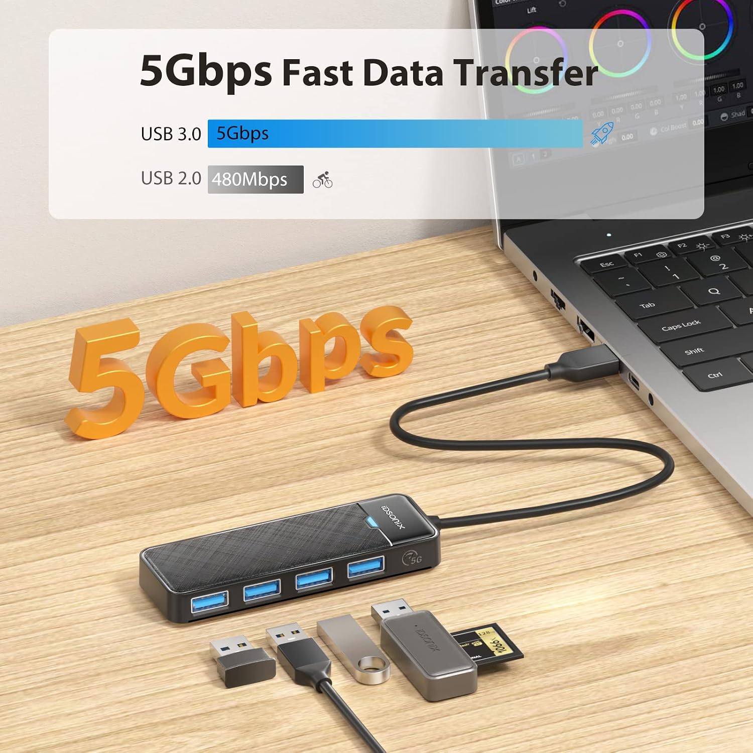 Detalle de iDsonix USB 3.0 Hub with 180cm Cable — 4-Port Ultra Slim Extension for Laptop, PC and Mac
