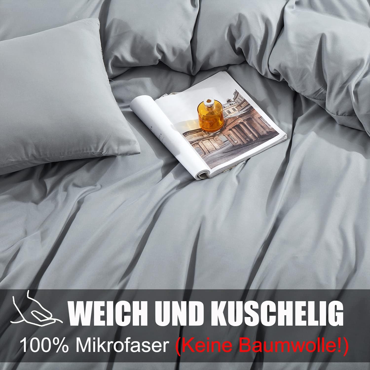 Thumbnail 1 de Soifox Bettwäsche-Set 140x200 grau aus Mikrofaser (bügelfrei & knitterfrei) – mit Kissenbezug 80x80