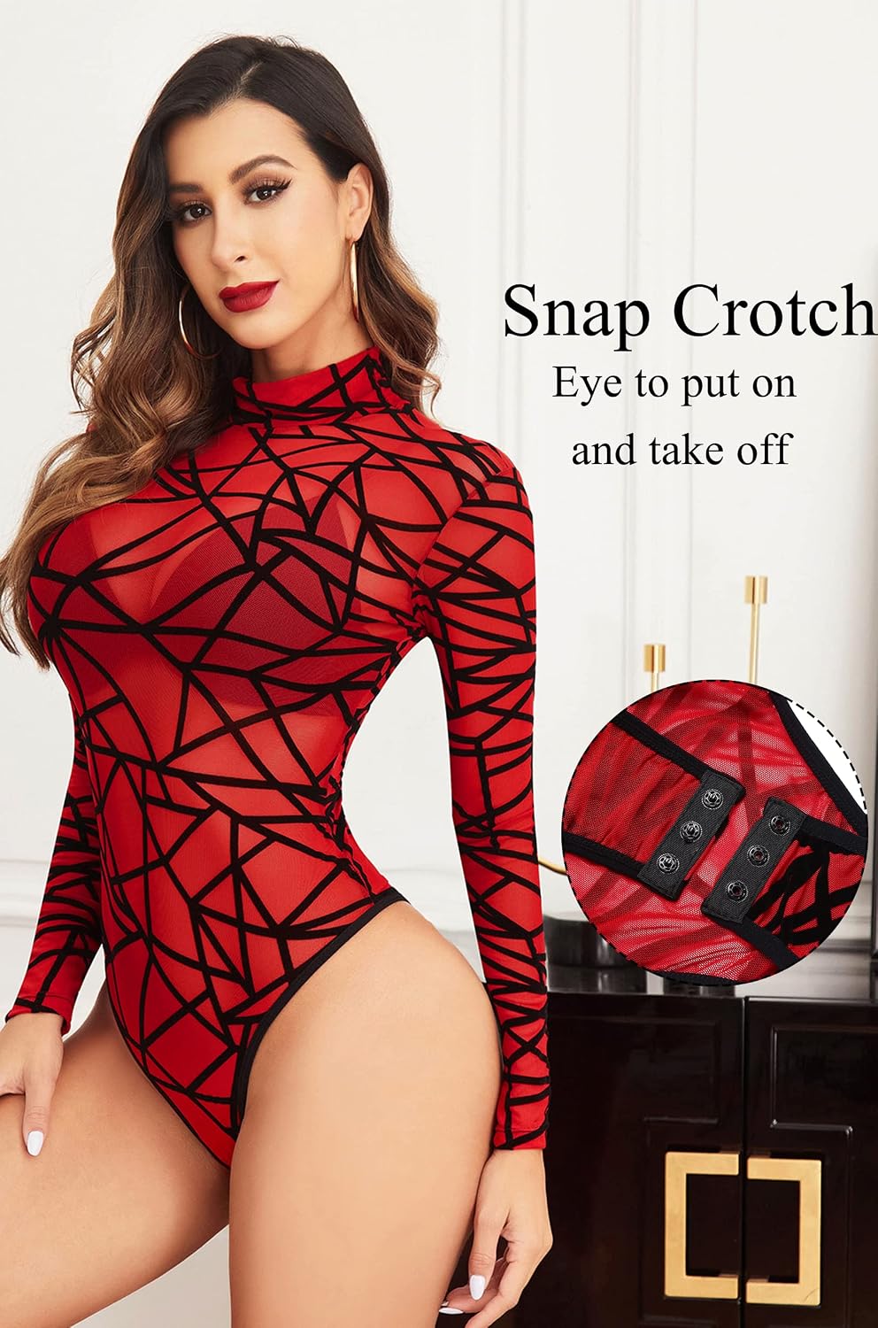 Detalle 2 de Avidlove Women's Mesh Bodysuit, Sheer Turtleneck, Long Sleeves and Snap Crotch
