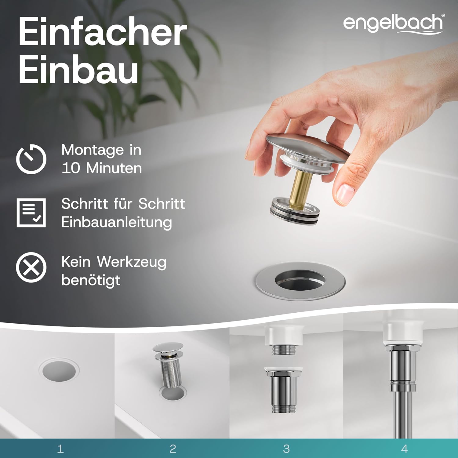 Detalle de Engelbach Universal Waschbecken Ablaufgarnitur – Pop-up Click-Clack Ablaufventil 1 1/4" ohne Überlauf