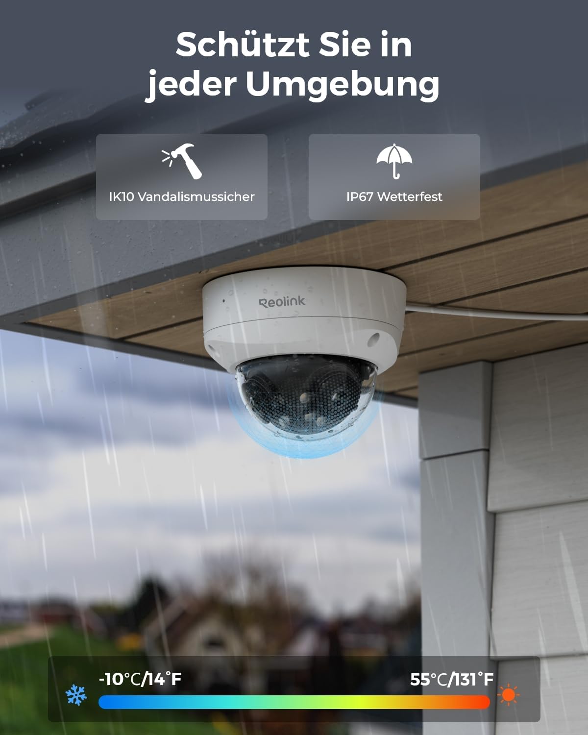 Detalle de Reolink Duo 2V PoE 4K 8MP IP-Kamera mit Dual-Objektiv (180°) und IK10-Vandalismusschutz