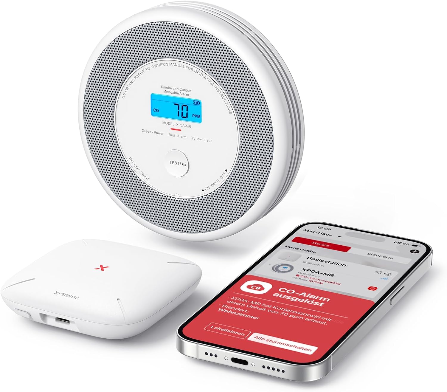 Detalle de X-Sense WLAN-Rauch- und Kohlenmonoxidmelder mit Sprachalarm (SBS50-Basis), XP0A-MR11 – 2-in-1