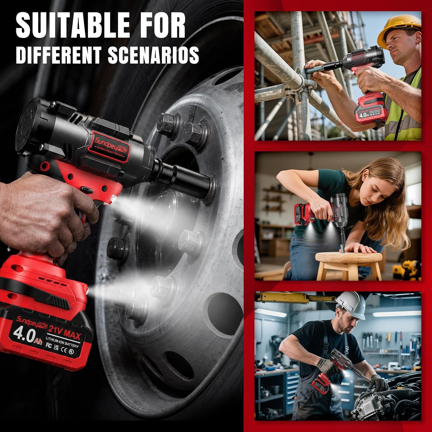 Thumbnail 4 de SundpeyPRO 1/2-Inch Cordless Impact Gun – 21V Brushless Wrench with 1480N·m, 2×4.0Ah Batteries & RSS, Case