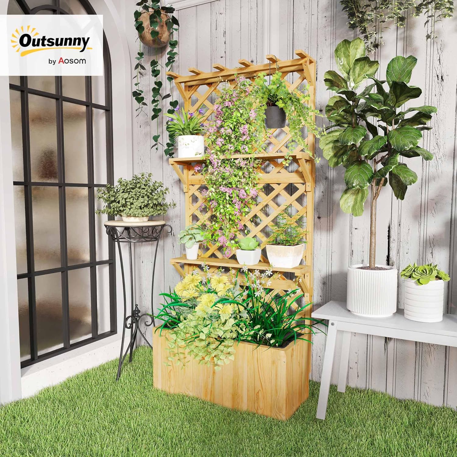 Detalle 2 de Outsunny Jardinière avec Treillis lit surélevé de Jardin Potager sur Pied en Bois