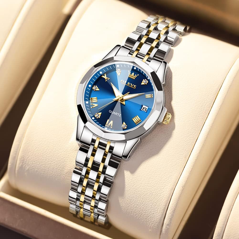 Thumbnail 1 de OLEVS Damen Uhr Quarzuhr Diamant Edelstahlarmband – Blaues Zifferblatt, 27 mm, 30 m wasserdicht