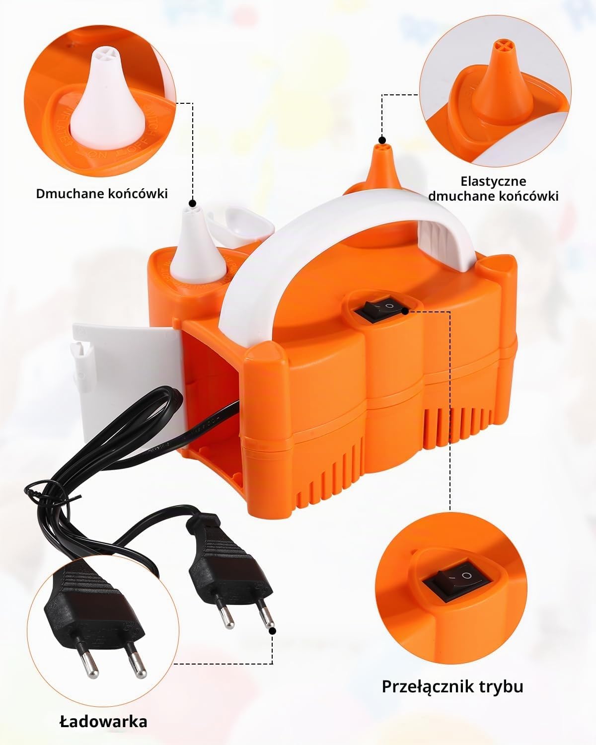 Detalle de Birshe 1 elektryczna pompka do balonów 400 W, 2 tryby i podwójna dysza