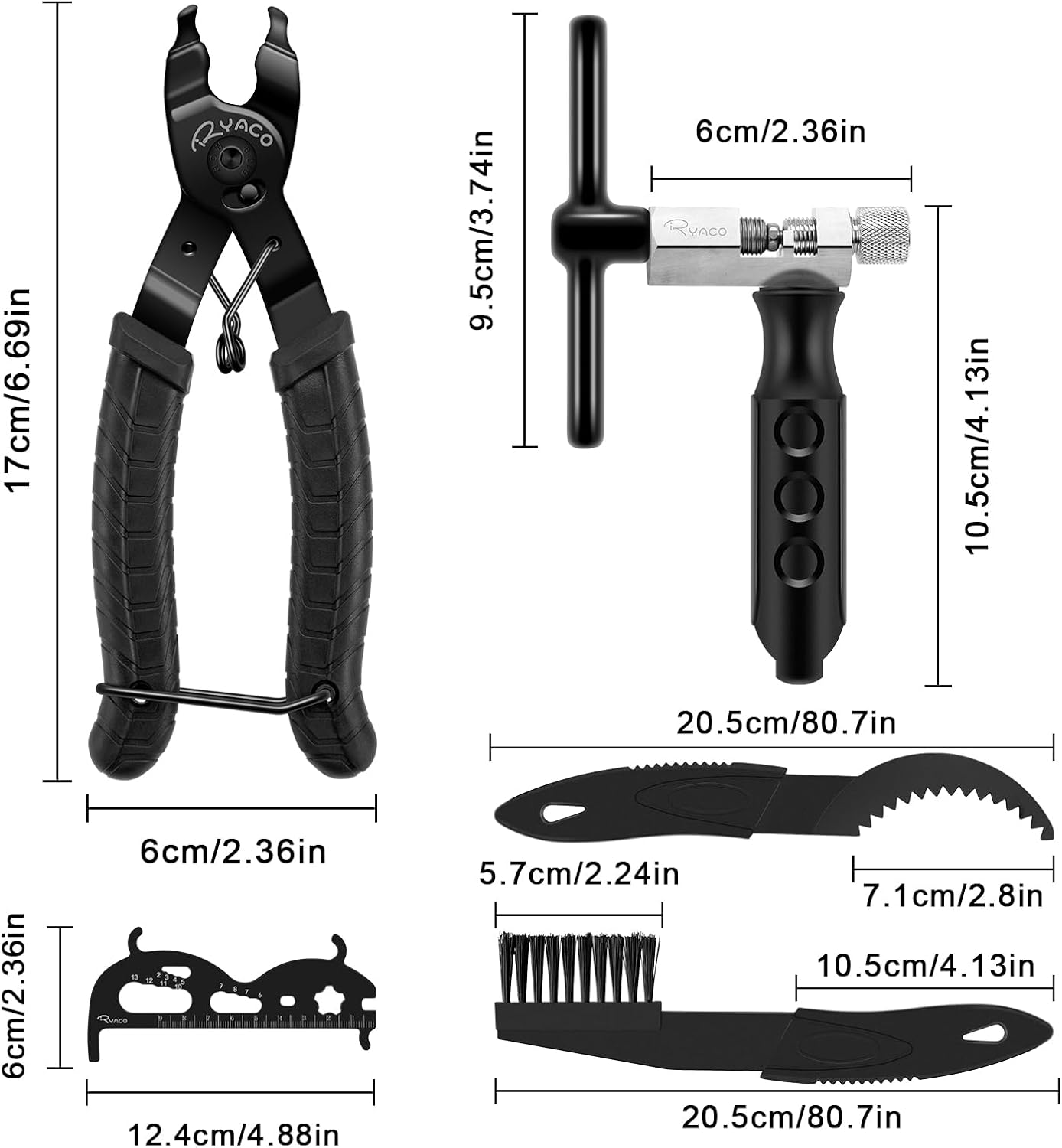 Detalle de Ryaco 12-piece bike chain tool set for 6–12 speed chains with cleaner brushes, rivet and cutter