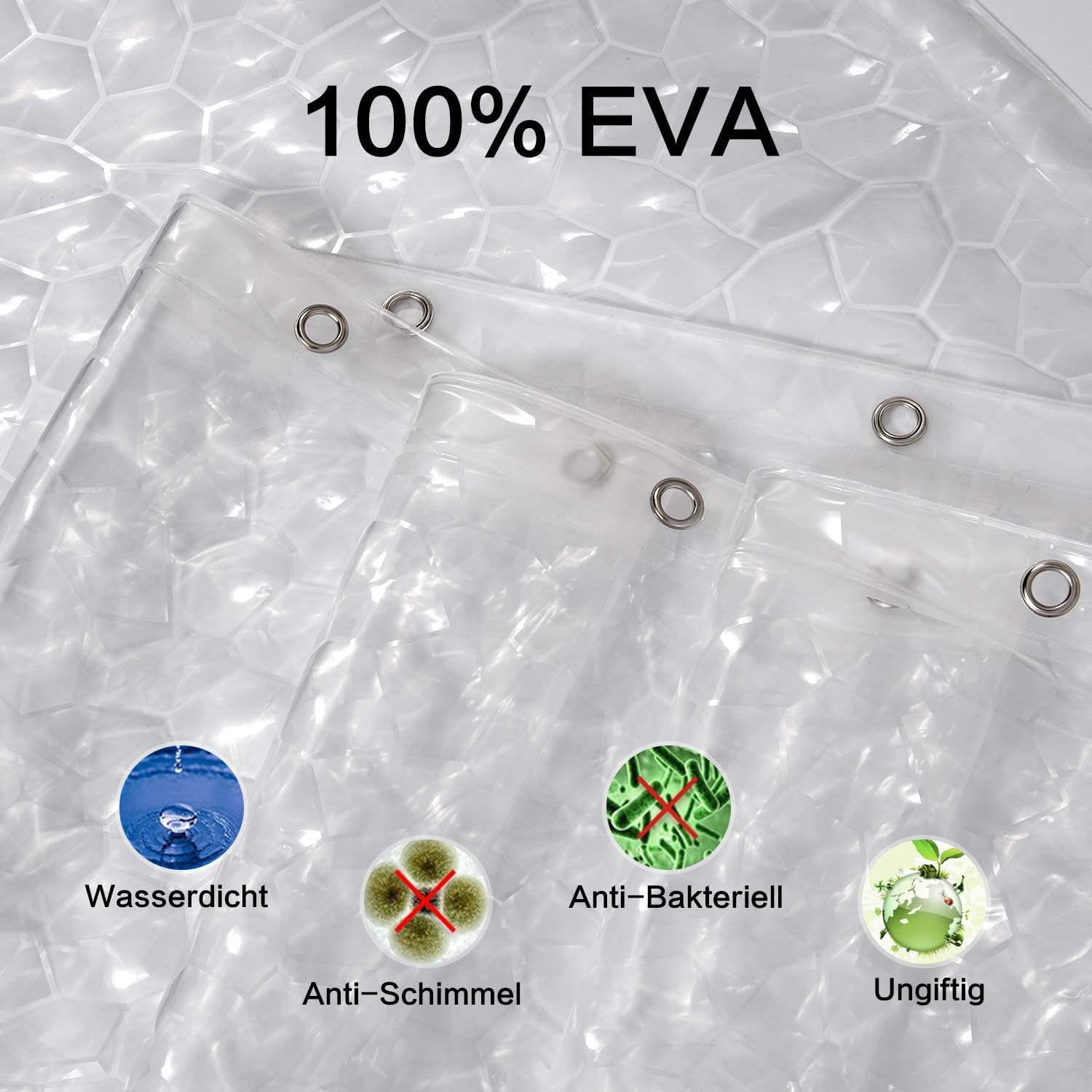 Thumbnail 2 de WELTRXE Duschvorhang Anti-Schimmel mit Magnet unten, Transparent 3D Kubisch EVA 150x180cm – 10 Duschvorhangringe