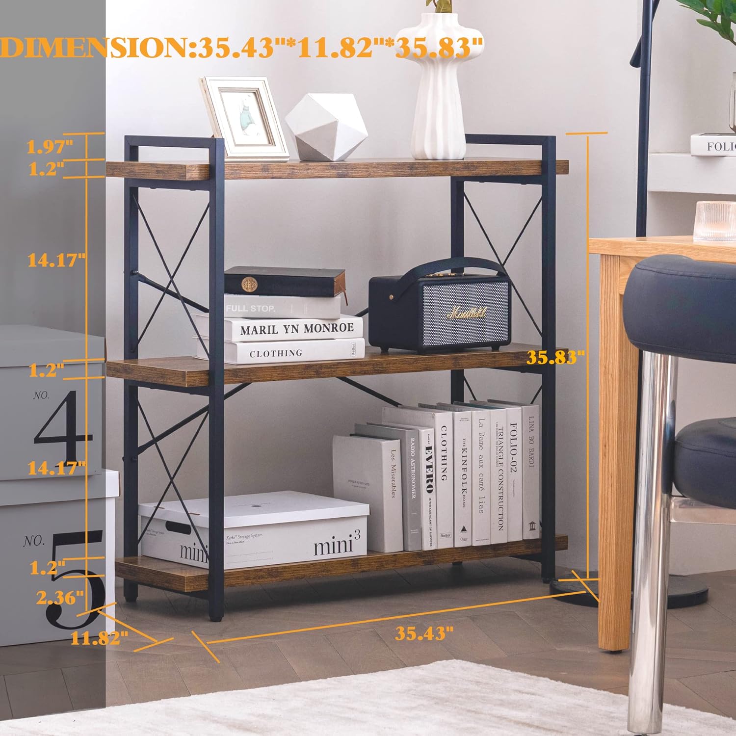 Thumbnail 2 de HCHQHS 3-Tier Industrial Bookshelf (Rustic Wood & Black Metal, Open Book Shelf)