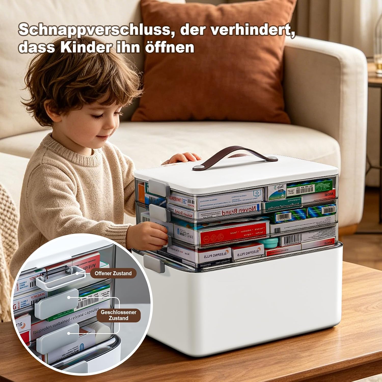 Thumbnail 3 de IMHO 4-stöckige Medizin Organizer Box – modulare Aufbewahrung mit Ledergriffen