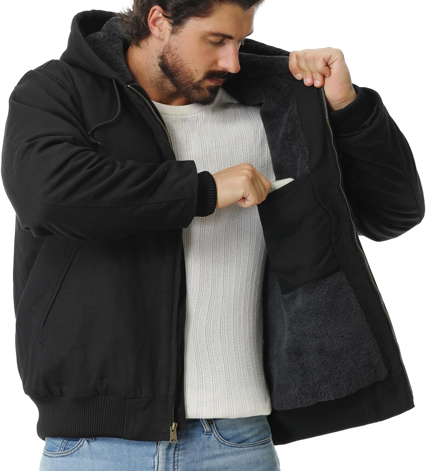 Detalle 2 de TUAOVA Men's Work Coat, Washed Duck Fleece-Lined Waterproof Hooded Jacket