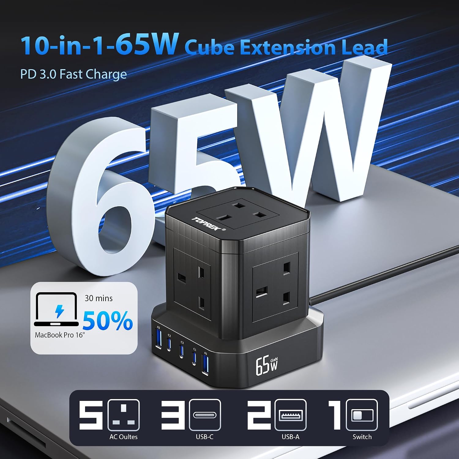 Detalle 2 de TOPREK 65W PD3.0 charging extension lead