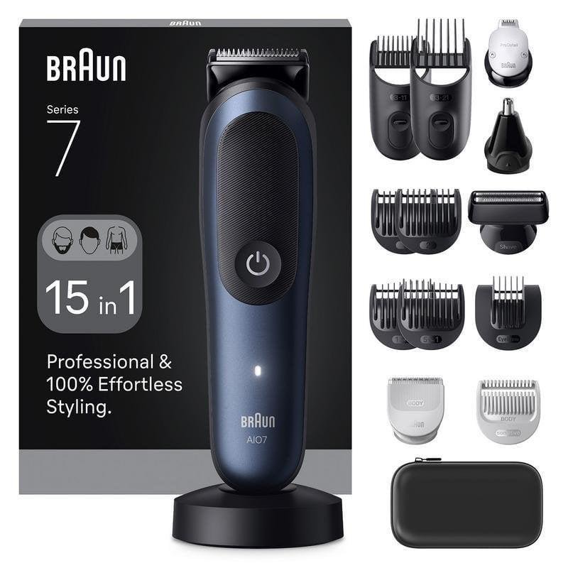 Detalle de Braun AIO7560, recortadora multifunción en seco y mojado con carga rápida